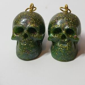 Hand Crafted Glitter Skull Earrings - Green